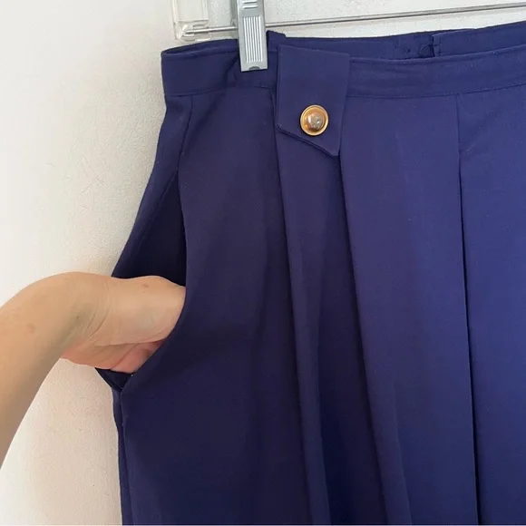Vintage Navy Pleated Midi Skirt High Waist Gold Button - Picture 5 of 9